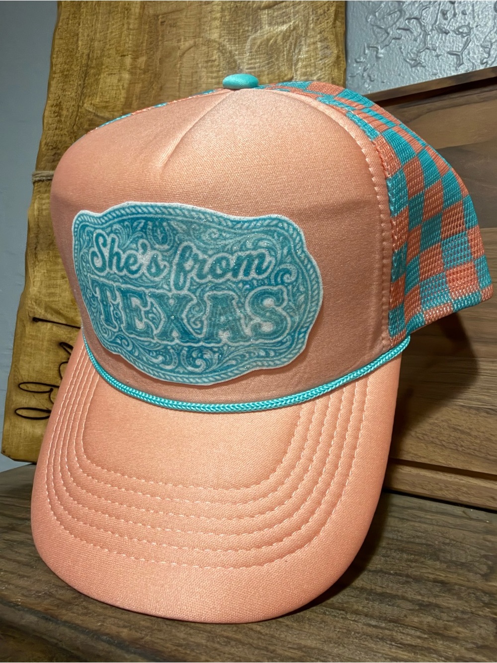 She's From Texas Trucker Hat - Peach & Turquoise